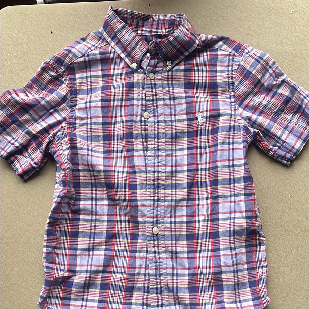Ralph Lauren Boys Plaid Button-Down Short Sleeve Shirt - Purple/Red/White